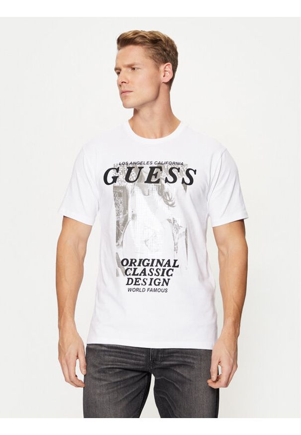 Guess T-Shirt M4BI47 J1314 Biały Slim Fit. Kolor: biały. Materiał: bawełna