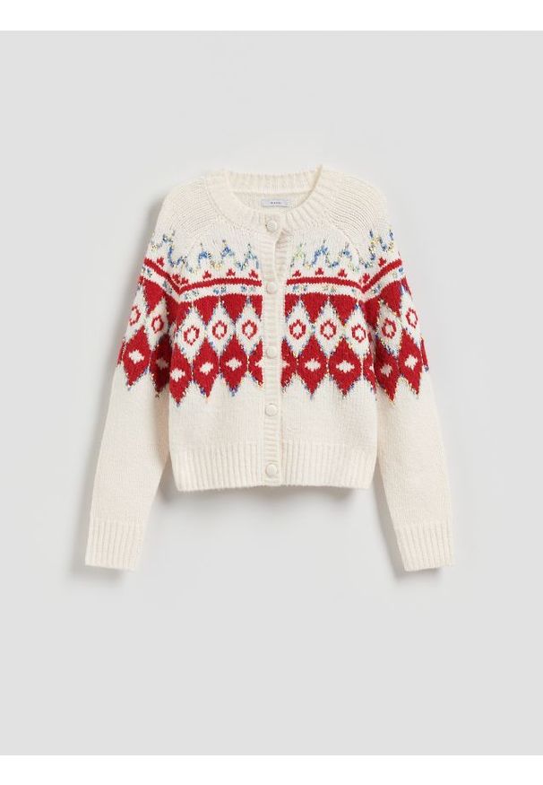 Reserved - Wzorzysty kardigan - czerwony. Kolor: czerwony. Materiał: dzianina, wełna