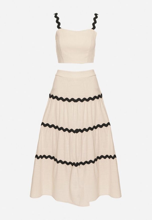 Born2be - Beżowy Bawełniany Komplet Top na Ramiączkach i Rozkloszowana Spódnica Iselira. Kolor: beżowy. Materiał: bawełna