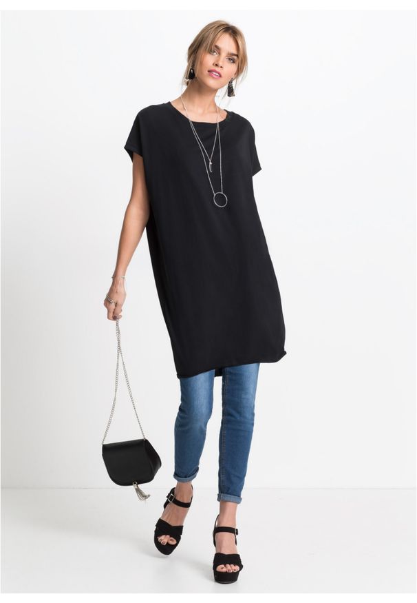 bonprix - Długi T-shirt z czystej bawełny. Kolor: czarny. Materiał: bawełna. Długość rękawa: krótki rękaw. Długość: długie