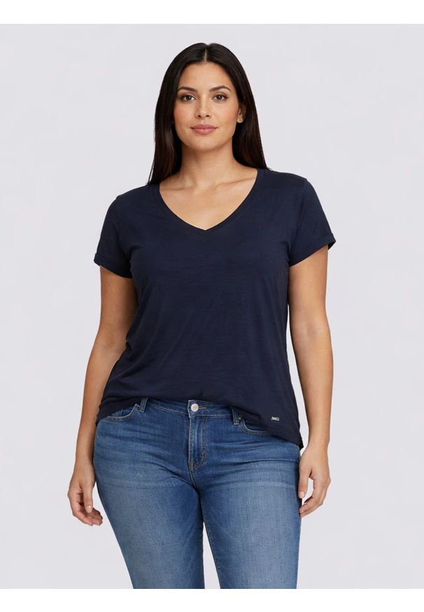 Big-Star - Koszulka damska o luźnym kroju granatowa Valeria 403. Okazja: na co dzień. Typ kołnierza: dekolt w serek. Kolor: niebieski. Materiał: dzianina, skóra, jeans, wiskoza. Styl: casual, klasyczny, elegancki