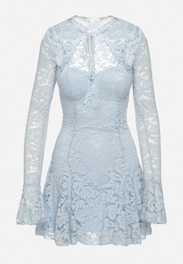 Born2be - Niebieska Rozkloszowane Sukienka Koktajlowa z Koronką i Bolerkiem Eyrfedi. Okazja: na wesele, na randkę, na ślub cywilny. Kolor: niebieski. Materiał: koronka. Długość rękawa: na ramiączkach. Wzór: koronka. Typ sukienki: rozkloszowane. Styl: wizytowy