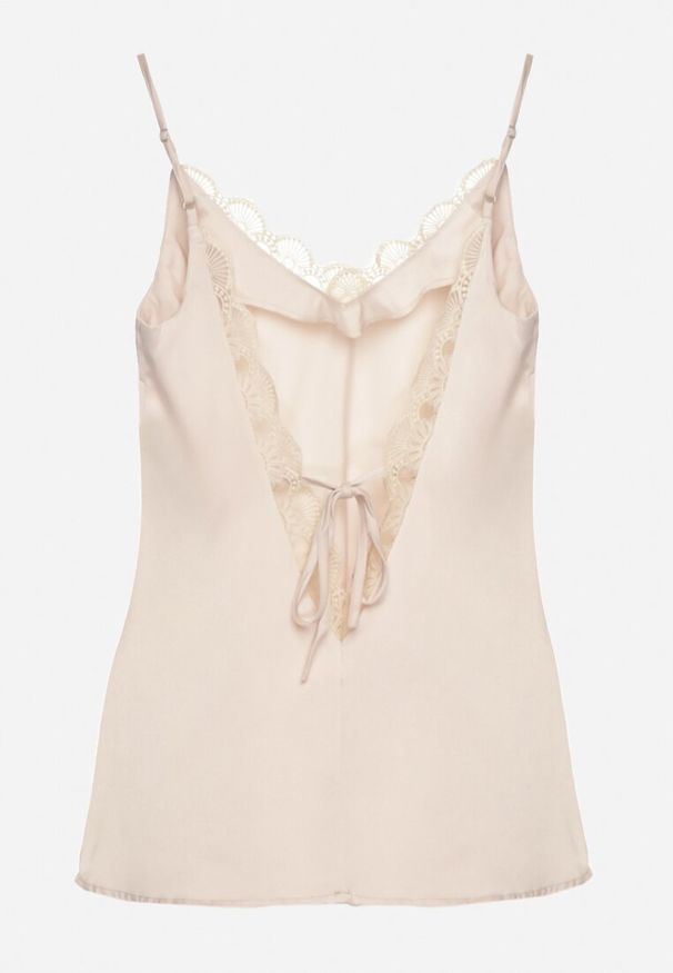 Born2be - Beżowa Bluzka na Ramiączkach z Delikatną Koronką i Wiązaniem Deseniela. Okazja: na co dzień. Typ kołnierza: dekolt w kształcie V. Kolor: beżowy. Materiał: koronka. Długość rękawa: na ramiączkach. Wzór: koronka. Styl: casual