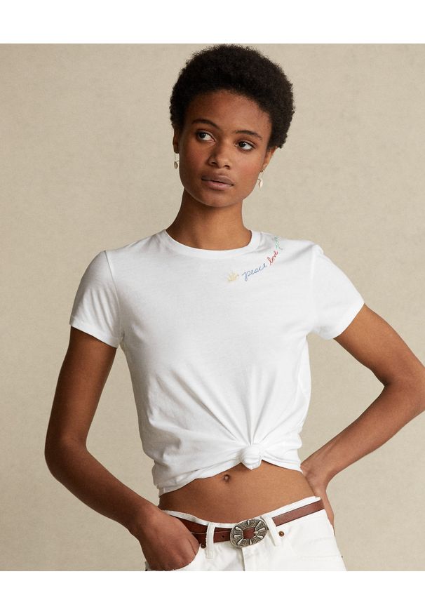 Ralph Lauren - RALPH LAUREN - Biały t-shirt Peace Love. Typ kołnierza: polo. Kolor: biały. Materiał: bawełna. Wzór: napisy, kolorowy