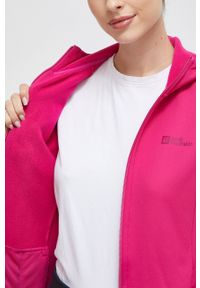 Jack Wolfskin bluza sportowa Baiselberg kolor różowy z kapturem gładka. Typ kołnierza: kaptur. Kolor: różowy. Materiał: polar, materiał. Długość rękawa: raglanowy rękaw. Wzór: gładki. Styl: sportowy #3