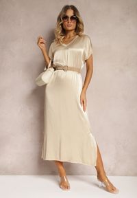 Renee - Beżowa Casualowa Sukienka z Wiskozy Oversize o Pudełkowym Kroju Morarose. Okazja: na co dzień. Kolor: beżowy. Materiał: wiskoza. Sezon: lato. Typ sukienki: oversize. Styl: casual #4