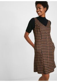 Sukienka z tkaniny z plisą guzikową bonprix brązowy mokka w kratę. Typ kołnierza: dekolt w serek. Kolor: brązowy. Materiał: tkanina, poliester, elastan, wiskoza, materiał #4