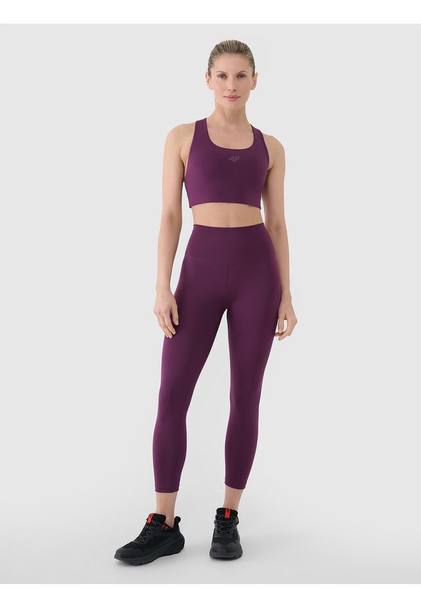 4f - 4F Legginsy treningowe 7/8 z wysokim stanem damskie - fioletowe XL. Stan: podwyższony. Kolor: fioletowy. Materiał: dzianina, poliester, materiał, włókno, elastan. Wzór: gładki, ze splotem, jednolity. Sport: fitness