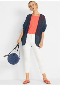 bonprix - Długi kardigan w ażurowy wzór. Kolor: niebieski. Długość rękawa: krótki rękaw. Długość: długie. Wzór: ażurowy #2