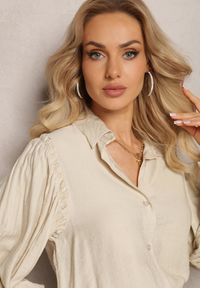 Renee - Beżowa Koszula z Ozdobnymi Rękawami z Plisowanej Tkaniny Zemona. Kolor: beżowy. Materiał: tkanina