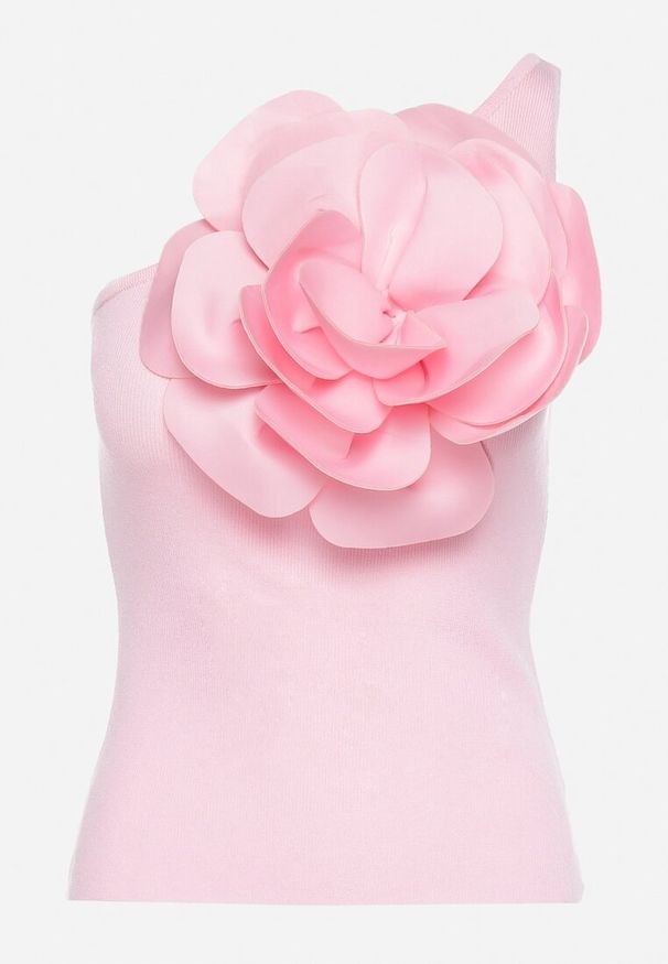 Born2be - Różowy Top bez Rękawów z Asymetrycznym Dekoltem z Dużą Aplikacją w Kształcie Kwiatka Vernia. Kolor: różowy. Materiał: jeans. Długość rękawa: bez rękawów. Wzór: kwiaty, aplikacja. Styl: klasyczny