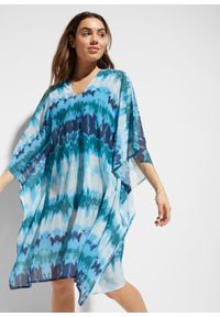 bonprix - Sukienka tunikowa plażowa z szyfonu. Okazja: na plażę. Kolor: niebieski. Materiał: szyfon. Wzór: nadruk #1