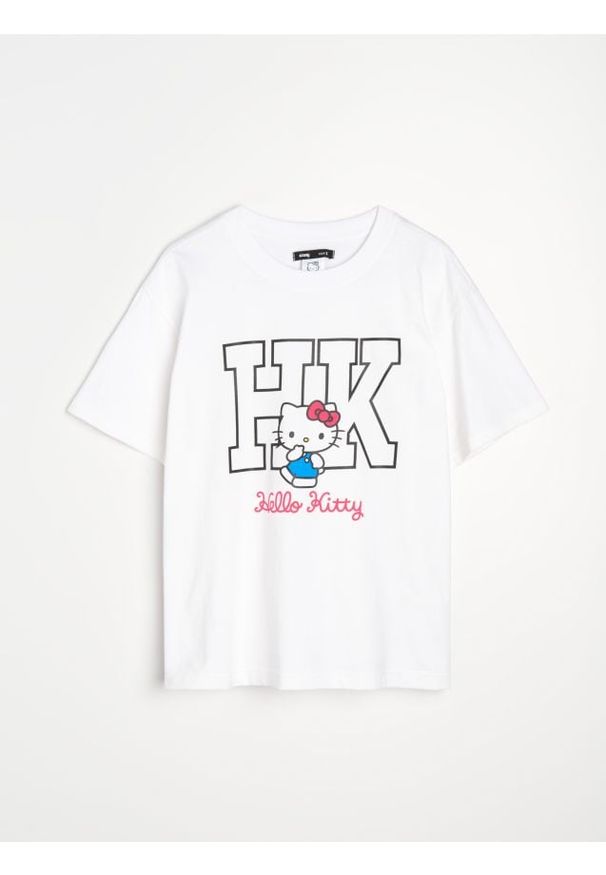 Sinsay - Bawełniana koszulka z krótkim rękawem Hello Kitty - biały. Kolor: biały. Materiał: bawełna. Długość rękawa: krótki rękaw. Długość: krótkie. Wzór: motyw z bajki