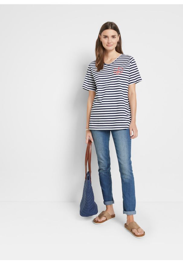 bonprix - Shirt bawełniany, rękawy 1/2. Kolor: biały. Materiał: bawełna. Wzór: nadruk