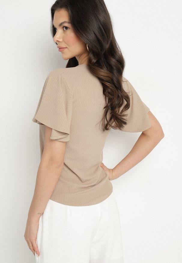 Born2be - Ciemnobeżowa Bluzka z Szerokimi Rękawami Sunevia. Okazja: na co dzień. Typ kołnierza: dekolt w kształcie V. Kolor: beżowy. Materiał: jeans. Styl: casual, elegancki