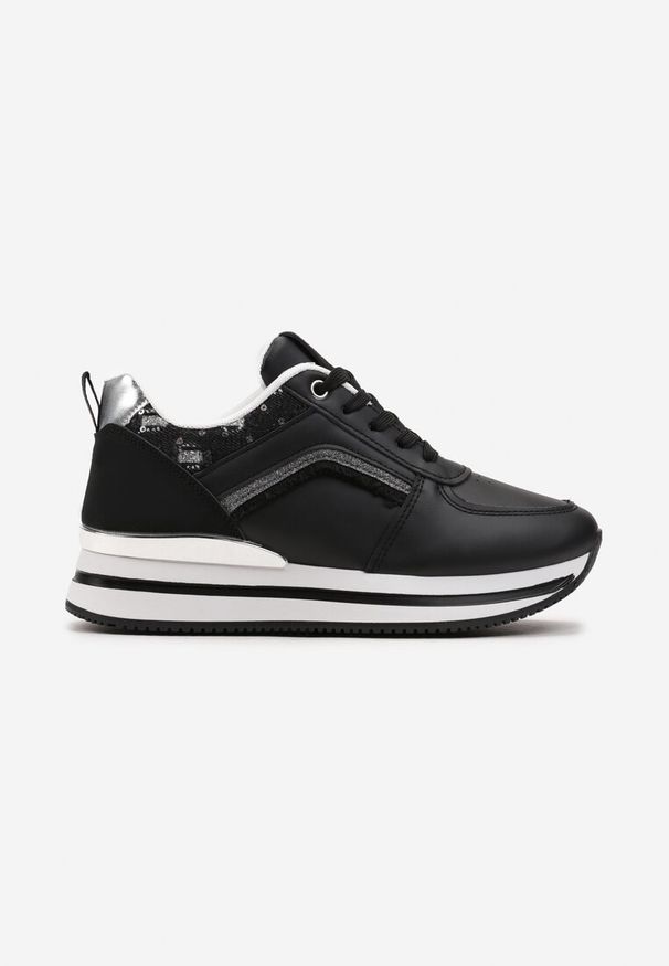 Renee - Czarne Sneakersy z Ekoskóry z Brokatowymi Wstawkami i Sznurowaniem Jelise. Kolor: czarny