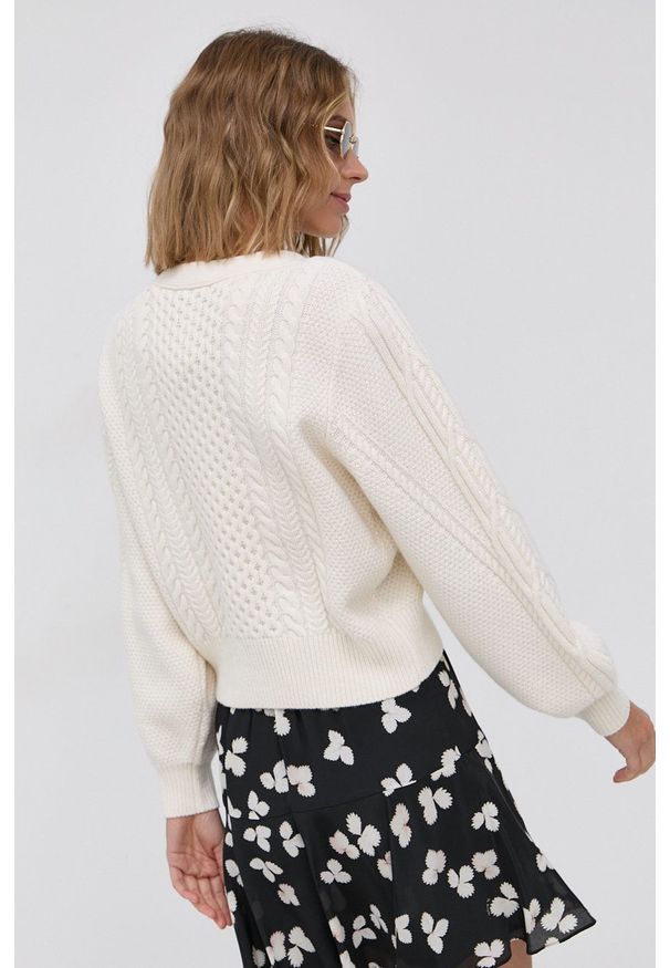 The Kooples - Kardigan wełniany. Okazja: na co dzień. Kolor: beżowy. Materiał: wełna. Wzór: ze splotem. Styl: casual