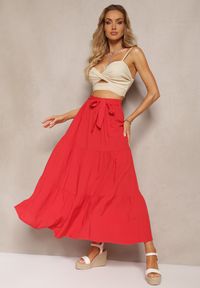 Renee - Czerwona Rozkloszowana Spódnica Maxi z Wiskozy z Materiałowymi Paskami Wintelis. Okazja: do pracy. Kolor: czerwony. Materiał: materiał, wiskoza. Wzór: paski. Styl: elegancki #4