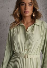 Renee - Zielona Koszulowa Sukienka z Plisowanymi Zdobieniami i Paskiem z Klamrą Efrivelle. Okazja: na co dzień. Kolor: zielony. Długość rękawa: długi rękaw. Wzór: aplikacja. Typ sukienki: koszulowe. Styl: casual, elegancki, klasyczny #2
