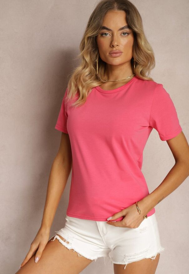 Renee - Fuksjowy T-shirt Koszulka z Krótkim Rękawem i Okrągłym Dekoltem Tiarella. Kolor: różowy. Materiał: jeans. Długość rękawa: krótki rękaw. Długość: krótkie. Wzór: aplikacja. Styl: klasyczny, elegancki