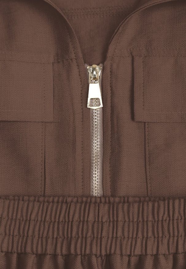 Born2be - Brązowy Wiskozowy Komplet w Stylu Safari Spodnie i Bluzka na Suwak z Wiązaniem Iphisei. Kolor: zielony. Materiał: wiskoza