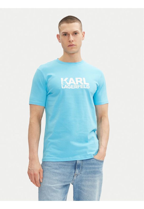 Karl Lagerfeld - KARL LAGERFELD T-Shirt 755087 552235 Błękitny Regular Fit. Typ kołnierza: dekolt w karo. Kolor: niebieski. Materiał: bawełna