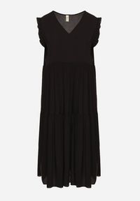 Born2be - Czarna Bawełniana Sukienka Ozdobiona Falbankami Aveliova. Okazja: na spacer, na imprezę, na co dzień. Typ kołnierza: kołnierz z falbankami. Kolor: czarny. Materiał: bawełna. Wzór: aplikacja. Typ sukienki: proste. Styl: elegancki, casual. Długość: midi #3