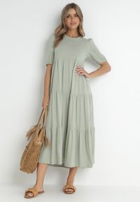 Born2be - Miętowa Sukienka Bawełniana Ulrika. Okazja: na co dzień, na randkę. Typ kołnierza: kołnierz z falbankami. Kolor: miętowy. Wzór: gładki. Materiał: bawełna. Długość rękawa: krótki rękaw. Sezon: wiosna, lato. Styl: klasyczny, casual. Długość: maxi #3