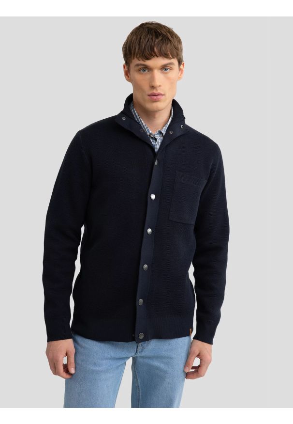 Big-Star - Kardigan męski na zatrzaski granatowy Harold 403. Kolor: niebieski. Materiał: dzianina, jeans. Wzór: ze splotem. Styl: elegancki, retro