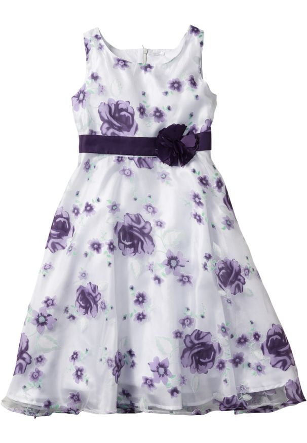 bonprix - Sukienka dziewczęca na uroczyste okazje, z organzy. Kolor: fioletowy. Materiał: satyna. Wzór: nadruk, aplikacja, kwiaty