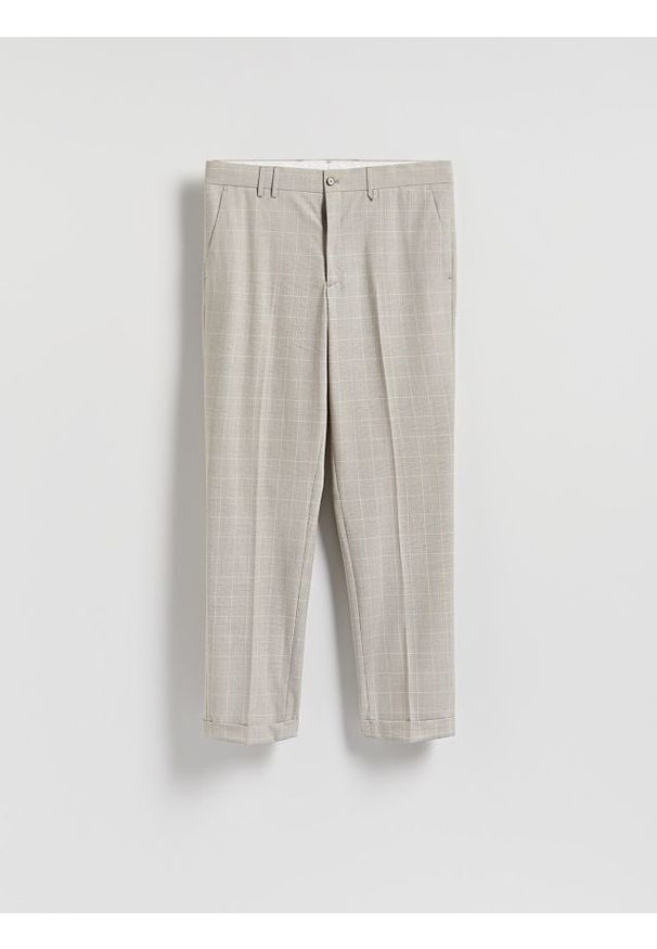 Reserved - Spodnie slim fit w kratę - beżowy. Kolor: beżowy. Materiał: wiskoza, tkanina