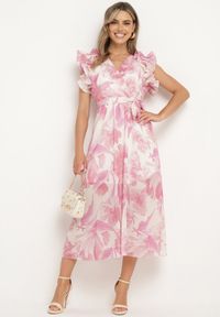 Born2be - Różowa Kopertowa Sukienka z Gumką w Pasie i Materiałowym Paskiem z Falbankami Dimrina. Okazja: na co dzień. Typ kołnierza: kołnierz z falbankami. Kolor: różowy. Materiał: materiał. Typ sukienki: kopertowe. Styl: casual #7