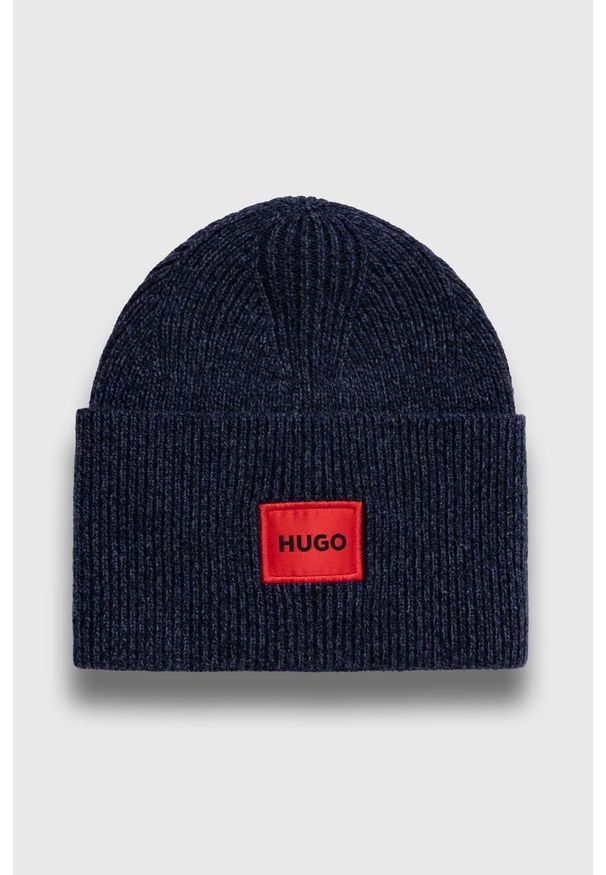Hugo - HUGO czapka wełniana kolor granatowy z cienkiej dzianiny wełniana. Kolor: niebieski. Materiał: wełna, dzianina