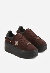 Born2be - Brązowe Sneakersy Skórzane na Grubej Podeszwie z Plecionym Paskiem i Ozdobą Chalessei. Okazja: na co dzień. Zapięcie: pasek. Kolor: brązowy. Materiał: skóra. Wzór: aplikacja #3