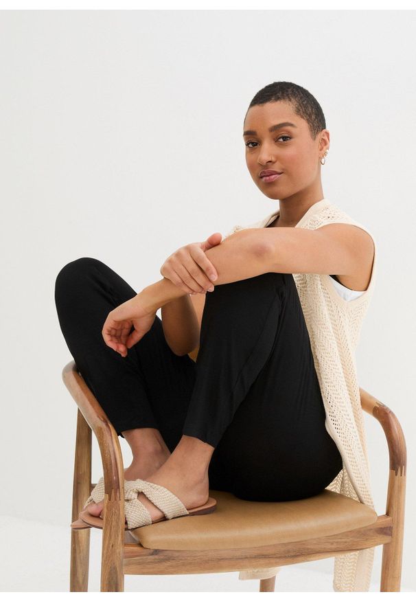 bonprix - Spodnie z gumką w talii, high waist (2 pary). Stan: podwyższony. Kolor: czarny. Materiał: wiskoza