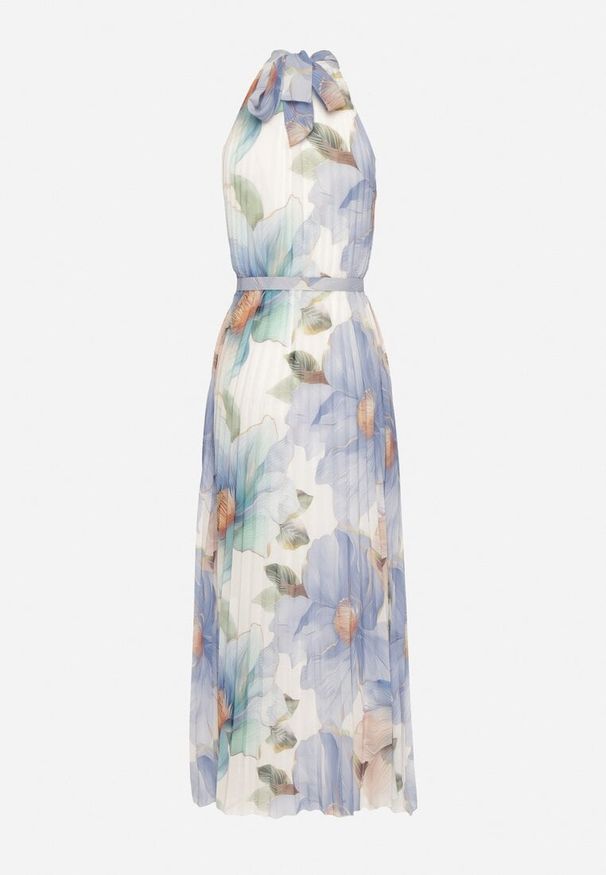 Born2be - Niebieska Sukienka z Plisami Wiązaniem i Paskiem z Klamrą Nitenna. Okazja: na co dzień, na imprezę. Kolor: niebieski. Długość rękawa: bez rękawów. Typ sukienki: rozkloszowane. Styl: klasyczny, casual, elegancki