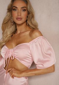 Renee - Różowy Komplet Spódnica Wykończona Gumką w Pasie Top z Ozdobnym Sznurowaniem Dimetria. Kolor: różowy. Materiał: jeans #4