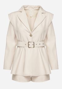 Born2be - Jasnobeżowy Kombinezon w Stylu Garniturowym z Paskiem i Ozdobnym Guzikiem Arazia. Okazja: na co dzień. Kolor: beżowy. Długość rękawa: długi rękaw. Długość: długie. Styl: casual, elegancki #5