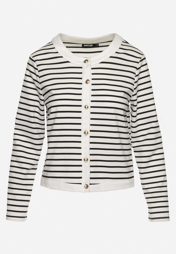 Born2be - Biały Kardigan z Ozdobnymi Guzikami w Paski Retaiva. Okazja: na co dzień. Kolor: biały. Materiał: jeans. Wzór: paski. Styl: casual, klasyczny