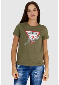 Guess - GUESS Zielony t-shirt damski bawełniany icon, Rozmiar M. Kolor: zielony. Materiał: bawełna