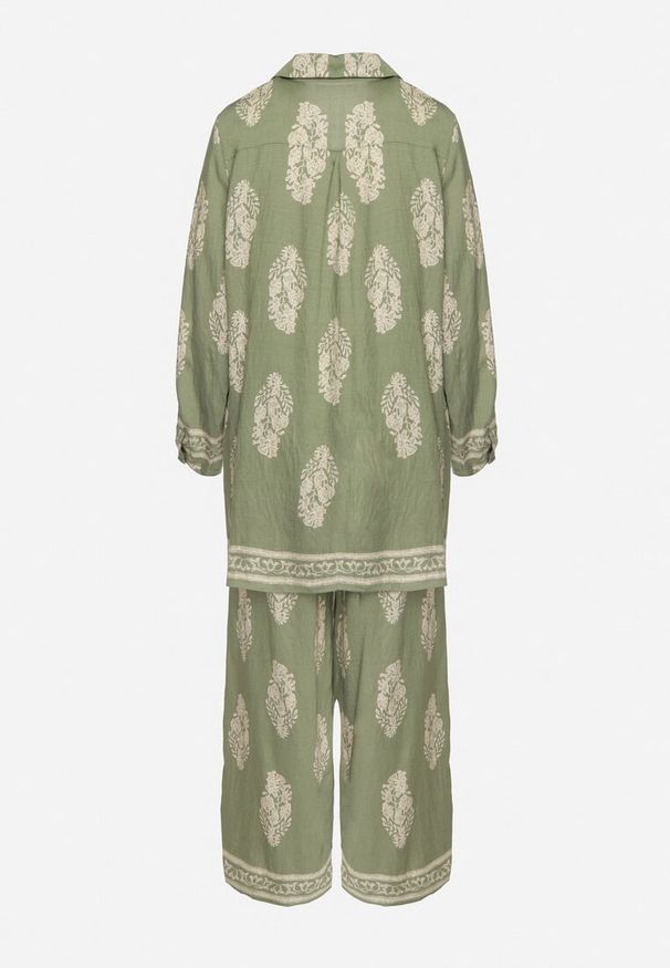 Born2be - Zielony Komplet w Stylu Boho Oversize Długa Koszula i Luźne Spodnie Meppina. Kolor: zielony. Materiał: skóra