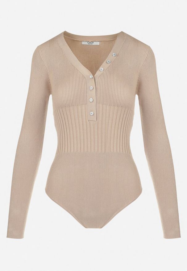 Born2be - Beżowe Body z Wiskozy Prążkowane Biti. Kolor: beżowy. Materiał: wiskoza, prążkowany. Długość: długie. Wzór: aplikacja, jednolity. Styl: klasyczny