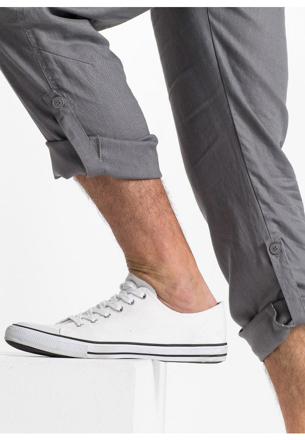 bonprix - Spodnie lniane z wywijanymi nogawkami Regular Fit. Kolor: szary. Materiał: len. Długość: do kolan