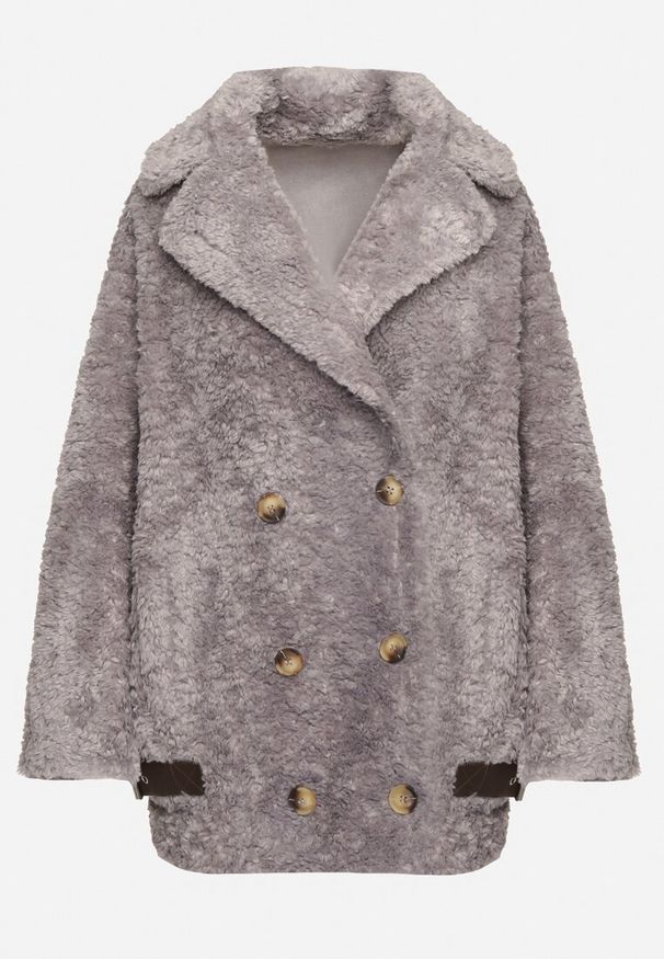 Born2be - Szara Kurtka z Futerka Typu Baranek o Dwurzędowym Kroju z Ozdobnymi Paskami Nikina. Okazja: na co dzień. Kolor: szary. Materiał: futro. Styl: casual, elegancki