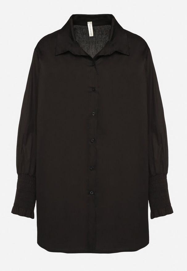 Born2be - Czarna Bawełniana Koszula z Marszczonymi Rękawami i Falbankami Tanandoria. Okazja: na co dzień. Typ kołnierza: kołnierz z falbankami. Kolor: czarny. Materiał: bawełna. Długość: długie. Wzór: aplikacja. Styl: casual, elegancki