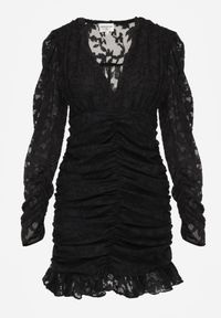 Renee - Czarna Dopasowana Sukienka Mini z Drapowaniem i Wzorem na Siateczce Welisia. Kolor: czarny. Styl: elegancki. Długość: mini #4