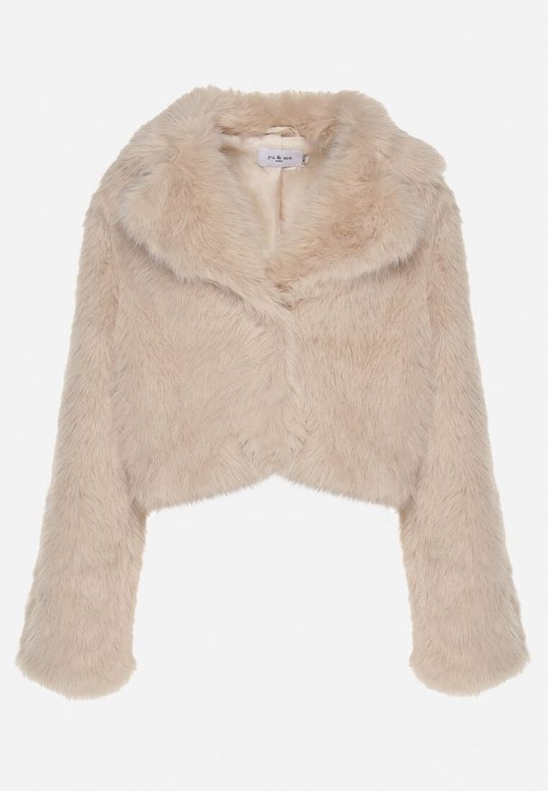 Born2be - Beżowa Futerkowa Kurtka o Krótkim Kroju z Eleganckim Kołnierzem Tazamisa. Okazja: na co dzień. Kolor: beżowy. Materiał: jeans. Długość: krótkie. Styl: elegancki