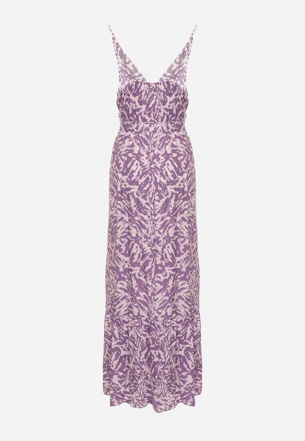 Born2be - Fioletowa Sukienka z Wiskozy na Ramiączkach z Gumką w Pasie i Materiałowym Paskiem Stralia. Okazja: na co dzień. Kolor: fioletowy. Materiał: materiał, wiskoza. Długość rękawa: na ramiączkach. Styl: casual, elegancki