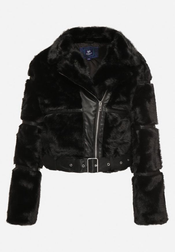 Born2be - Czarna Futrzana Kurtka Ozdobiona Paskiem z Klamrą Norielith. Okazja: na co dzień. Kolor: czarny. Materiał: futro. Wzór: aplikacja. Sezon: zima. Styl: elegancki, casual