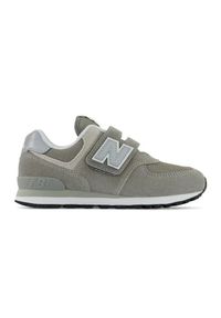 Buty New Balance Jr PV574EVG szare. Okazja: na co dzień. Zapięcie: rzepy. Kolor: szary. Materiał: zamsz, materiał, guma, skóra, syntetyk. Szerokość cholewki: normalna. Model: New Balance 574. Sport: turystyka piesza